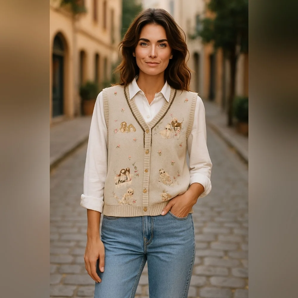Vintage Embroidered Beige Cardigan Knit Sweater Vest with Dog Embroidered Blouse - Picture 1 of 9